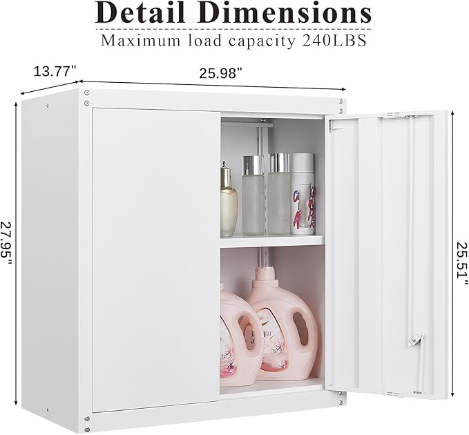 Metal Wall Cabinets, Kitchen Wall Hanging Cabinet, Locking Steel Storage Cabinets with Adjustable Shelves and Locking Doors, Wall Mount Tool Cabinet for Garage, Home, White