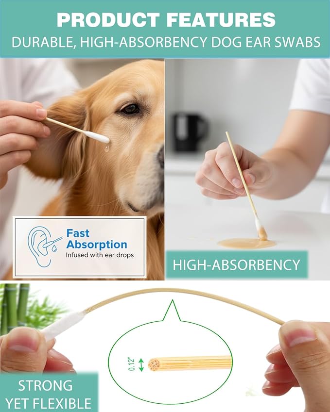 Dog Ear Cleaning Swabs 200 Count, 6 Inch Extra Long Large Cotton Swabs with Bamboo Handle, Lint-Free Pet Ear Cleaner Tool for Dogs Ear Wax Removal, Grooming Care Supplies Value Pack