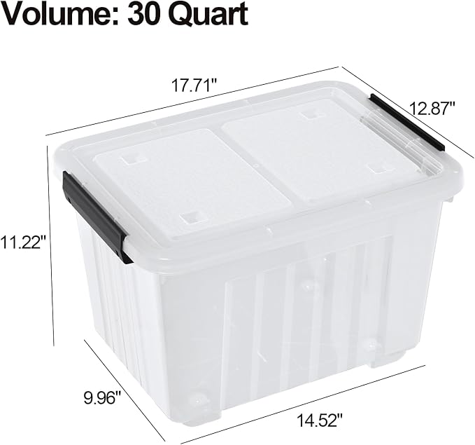 30 Quart Stackable Clear Plastic Storage Container Bin, 4 Packs | Latching Totes with Lids and Wheels for Organization