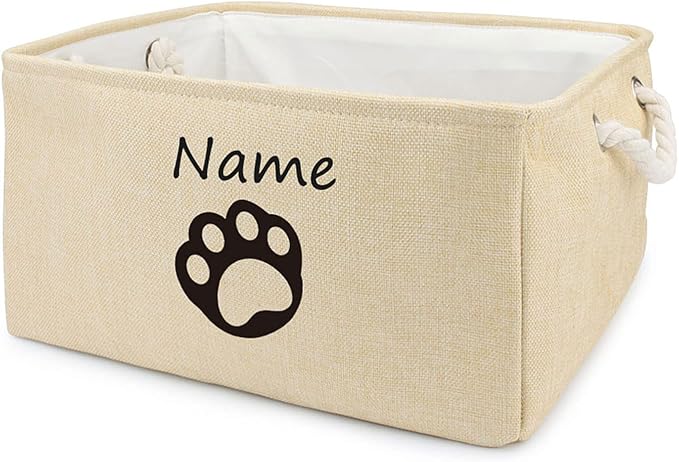 Personalized Dog Toy Storage Basket Bin Collapsible Customized Pet's Name Storage, Organizer for Dog Toys、Clothing、Apparel & Accessories with Box Paw Print(Beige-S)