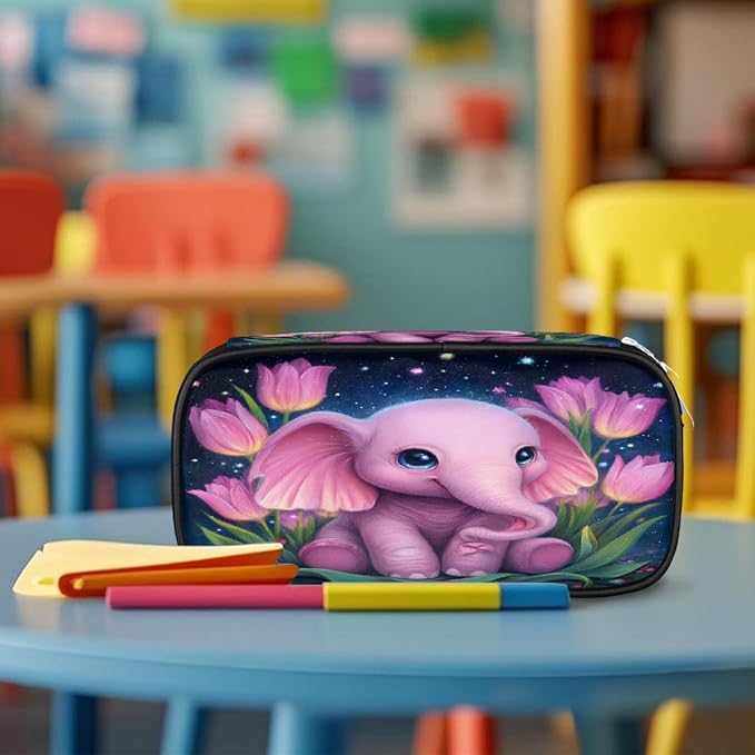 Starry Pink Elephant Tulips Pencil Case Pouch, Big Capacity Waterproof Pen Bag for Students Teens Adults, Large Storage Organizer for Stationery