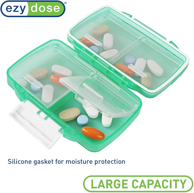 Ezy Dose Moisture-Proof Travel Pill Case, 4 Compartments, Green, Small | Moisture-Proof Pill Case, Medicine Planner, Vitamin Organizer Box, Travel-Friendly, Latch-Closure to Secure Contents