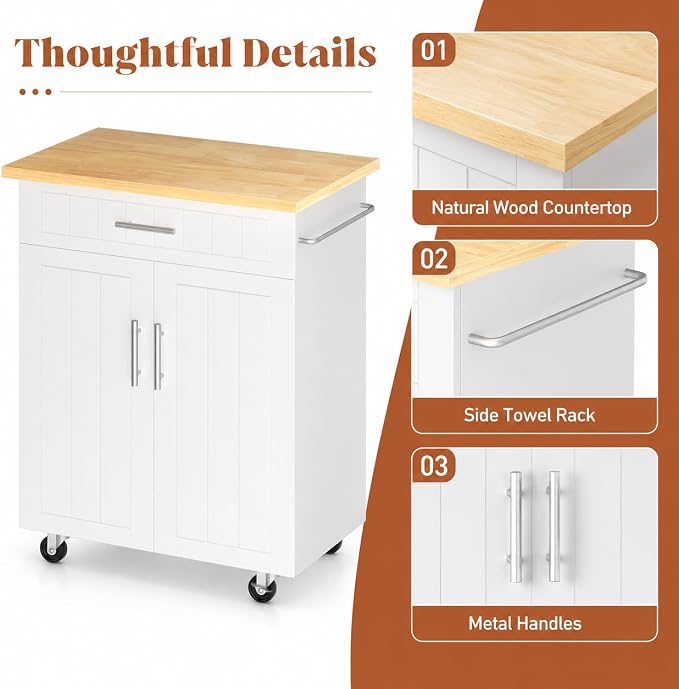 JY QAQA 26" Rolling Kitchen Island Cart on Wheels, Mobile Storage Cabinet with Adjustable Inner Shelves, Kitchen Prep Cart with Towel Rack & Lockable Casters for Small Apartment Kitchen, White