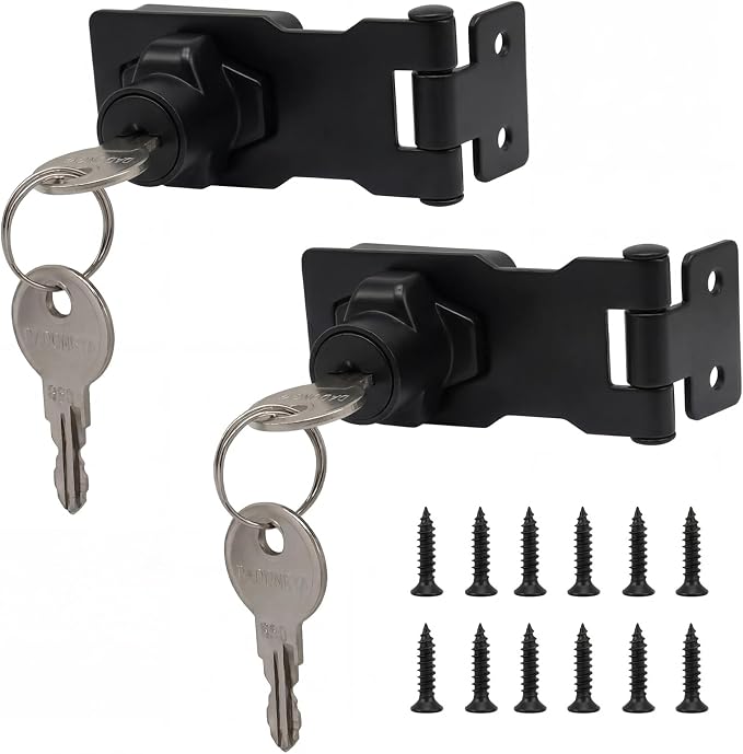 2 Pcs 2.5 Inch Hasp Lock, Black | Metal Twist Knob, Keyed Locking, With Keys, With Screws, For Small Doors Cabinets Toolboxes Storage Units