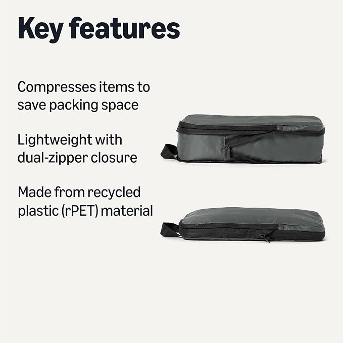 Amazon Essentials Ultralight Compression Packing Cubes, Recycled Fabric, 2 Zippers, 6-Pack, Grey, for Suitcases or Backpacks