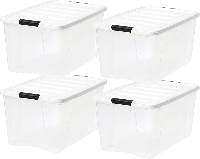 IRIS USA 72 Qt Storage Bins with Lids, 8 Pack, BPA-Free, Clear/White | Great for storing clothing, blankets, moving supplies, garage gear, and seasonal household items.