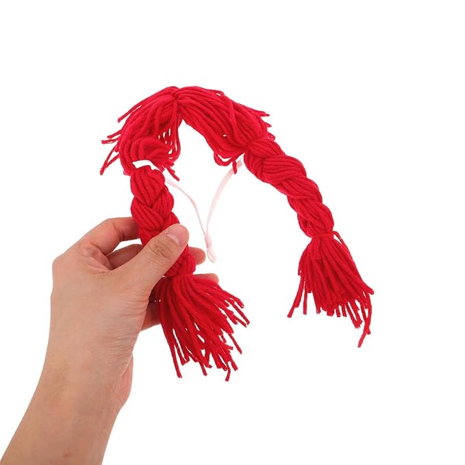 Funny Cat Braids Wig with Red Yarn and Bows, Comfortable Fit and Washable Pet Costume Accessory for Holiday Celebrations and Cat Selfie Props