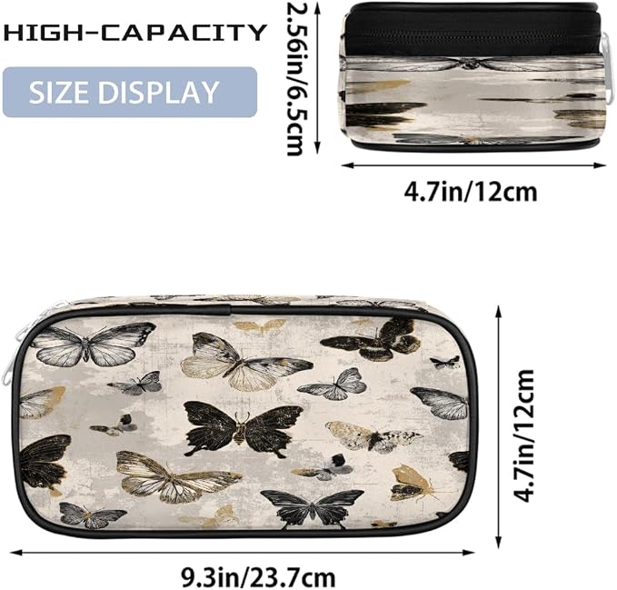 Pencil Case Pouch, Vintage Gold Black Butterfly Large Pen Bag with Zipper, Portable Zipper Pencil Pouch Organizer for Student Teen Girls Boys