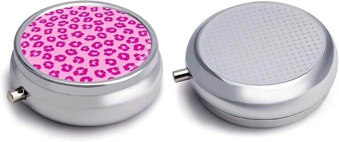 Travel Pill Container, Pink Leopard Print Round Metal Organizer, 3-Section Case for Medicine, Pocket Purse Dispenser for Business Travel