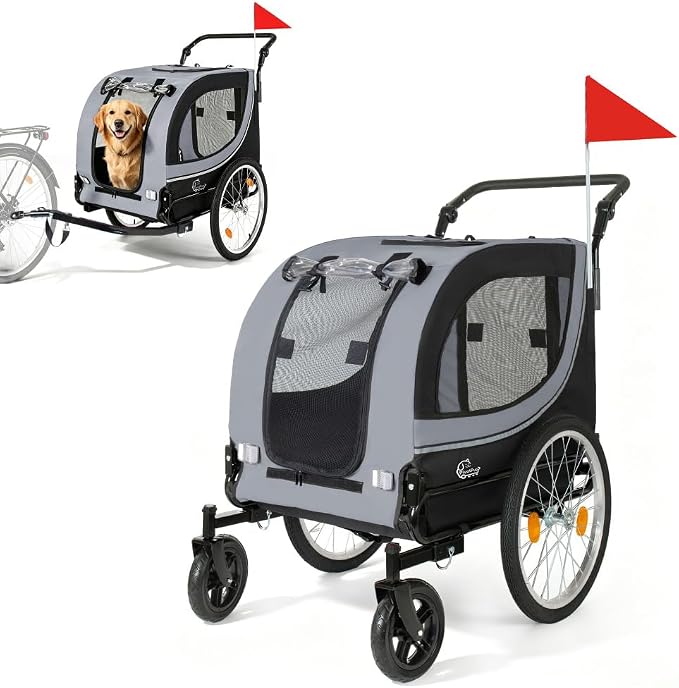 2-in-1 Bike Trailer & Pet Stroller for Dogs up to 100lbs– Foldable Pet Carrier Cart with Two 8'' Front Caster & 20'' Quick Release Air-Filled Wheels