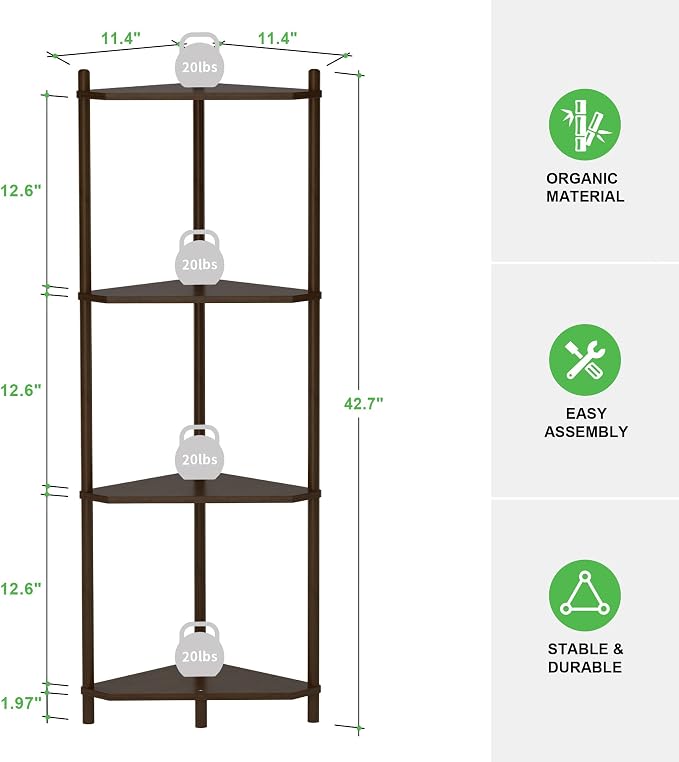 Wisuce Brown Small Corner Shelf Stand, 4-Tier Bamboo Corner Bookshelf | Space-Saving Narrow Corner Shelf | Bathroom Corner Shelf | Shelves for Bedroom, Living Room, Kitchen & Plant Display