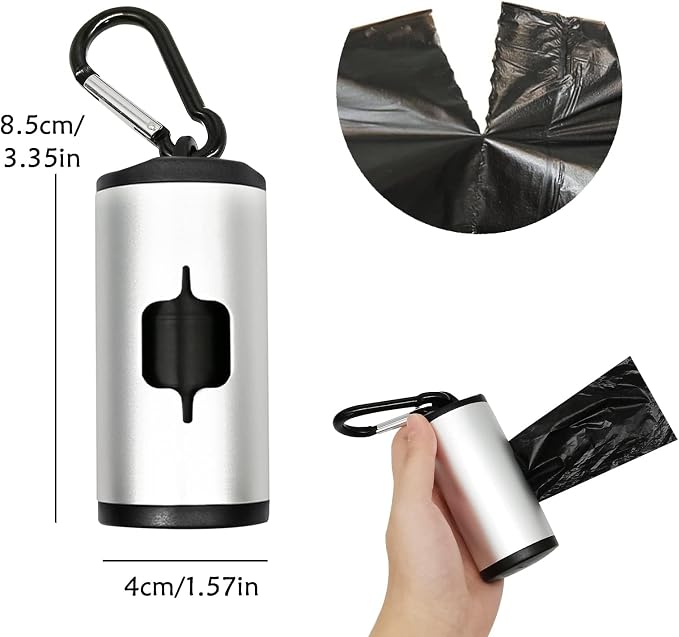YUCHIYA Aluminum Dog Poop Bags Holder with Carabiner Metal Pet Waste Bags Dispenser with Hook and Loop Fastener and Elastic Cord to Carry Used Bags (Silver, 1 Holder 15 Bags)