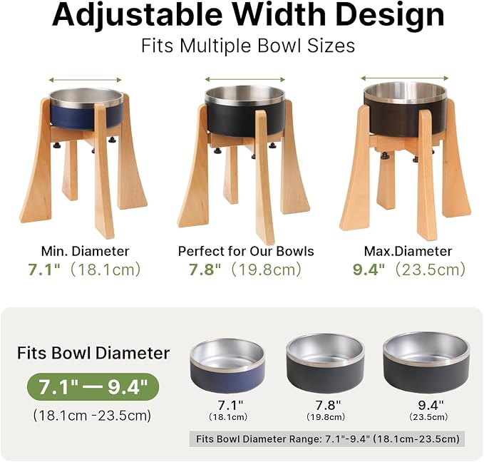 Wooden Elevated Dog Stand Set with Bowl, Raised 12" Tall Adjustable Width | Fits 7.1-9.4 Inch Dog Bowls, Stainless Steel Bowl for Food Water, Neck Protection Design for Medium Breed, Senior Dogs