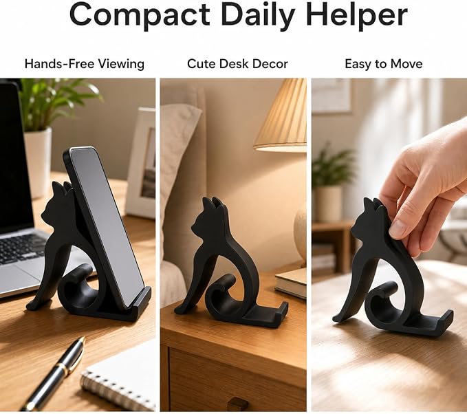Phone Stand, Black Cat Desktop Cell Phone Holder Mount Decor | Handsfree Kitten Shaped Phone Mount, Desktop Halloween Decor Gift for Pet Lovers, Office Bedside Table Use