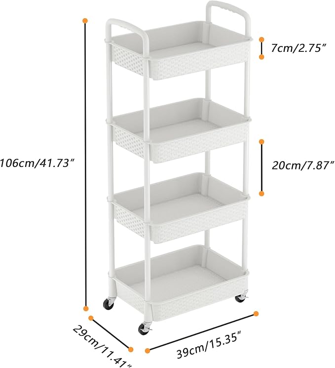 MOYIPIN 4-Tier Plastic Rolling Utility Cart with Handle,White | Utility Storage Cart for Office, Living Room, Kitchen,Movable Storage Organizer，Easy installation，Rattan-like art design