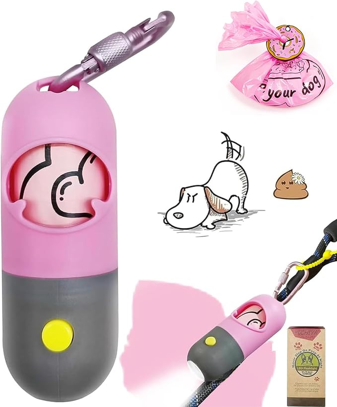 YUCHIYA Dog Poop Bag Holder Dispenser with LED Flashlight(Pink) | 100ft Ultra-Bright LED|Glow-in-the-Dark Avacado Clip|Metal Carabiner&Silicone Tether|15 Leak-Proof Scented Waste Bags