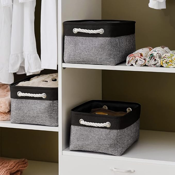 Storage Basket for Organizing - 1 Pack 14x10x6.7 inch Collapsible Storage Bins for Shelves, Dog Toy Bin for Closet Organizer laundry Gift Cloth Nursery (Grey & Black)
