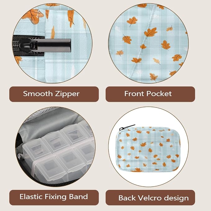 Travel Pill Organizer Blue Plaid Autumn Leaf Small Pill Case
