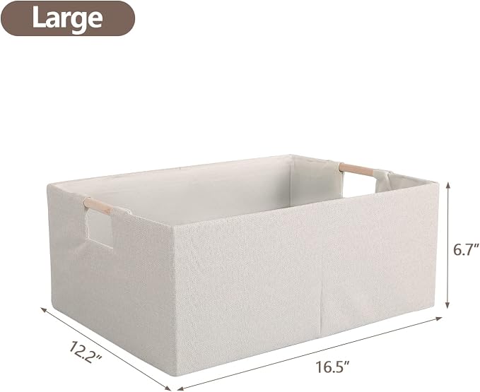 Fabric Storage Box, 16x12in Foldable Cotton Linen Basket with Wooden Handle | Large Rectangular Cube Decorative Home Laundry Organizer Clothes Blanket Container Organizing Clothes Sheets Jeans, Beige