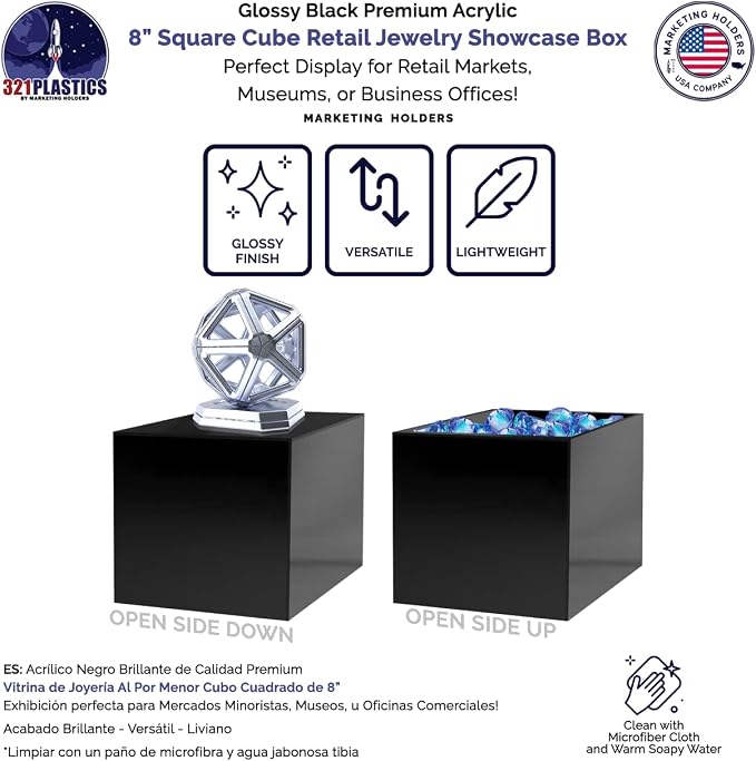 4 Pack 8 Inch Box Glossy Black Acrylic One Piece Display Box No Lid with One Open Side Versatile Square Plexiglass Merchandise Storage Bin or Retail Product Riser by Marketing Holders