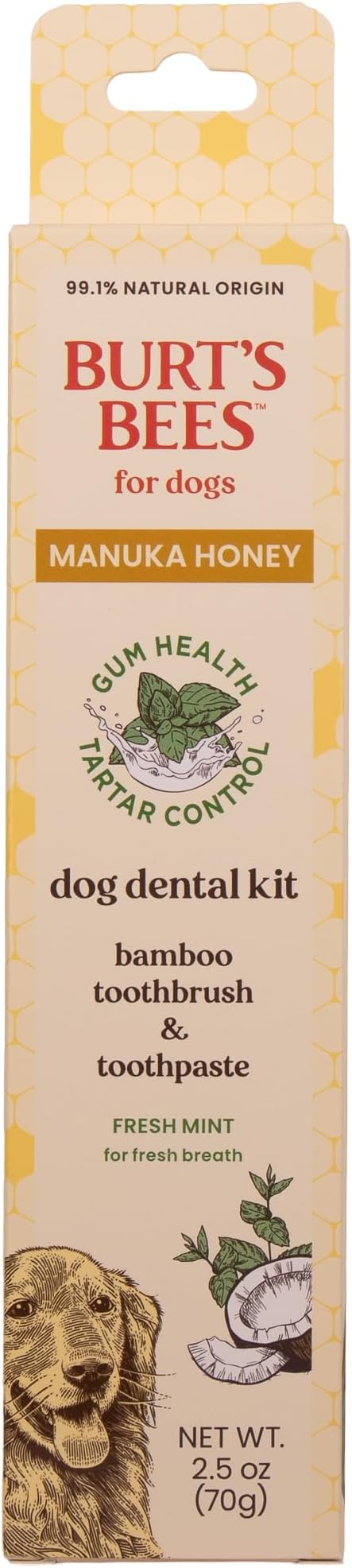 Burt's Bees for Pets Fresh Mint Dog Dental Kit with Bamboo Toothbrush & Dog Toothpaste, Manuka Honey & Coconut Oil for Gum Health, Tartar Control, 99.1% Natural Origin Formula, 2.5 Oz