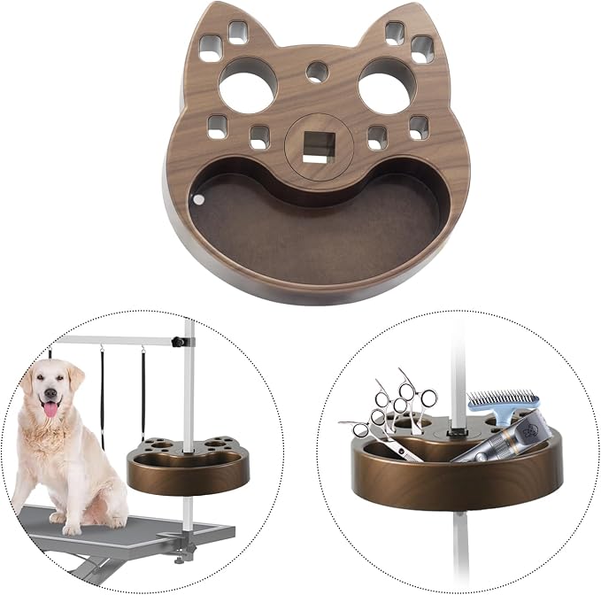 Pet Grooming Organizer for Scissors Brushes and Tools Holder - Portable Rotatable Dog Grooming Table and Arm Stand Tools(Wood Grain Cat Head)