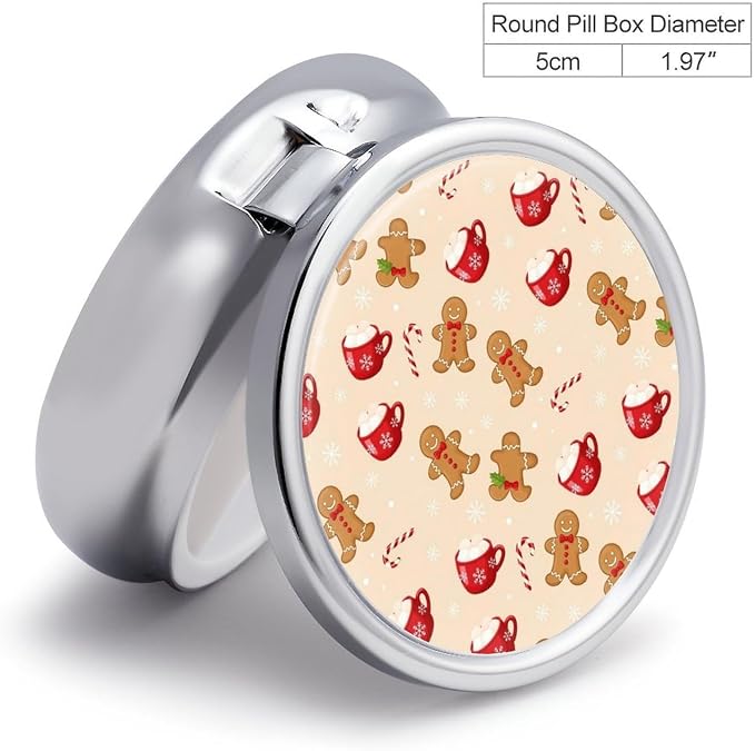 Round Pill Case, Christmas Gingerbread Man Candy Cane Portable Mini Holder, Travel Organizer with Mirror, Pocket Purse Box for Daily Meds
