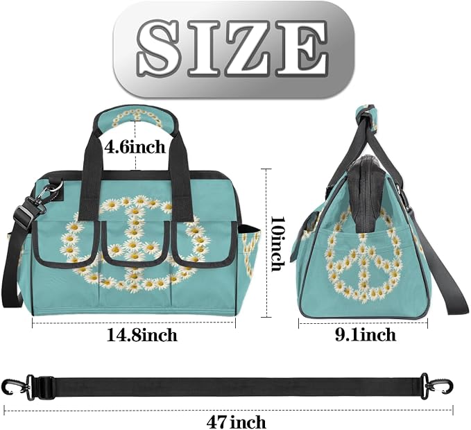 Floral Peace Sign Heavy Duty Tool Bag 14.8 Inch Daisy Portable Soft Tool Box Organizer Storage with Adjustable Shoulder Strap
