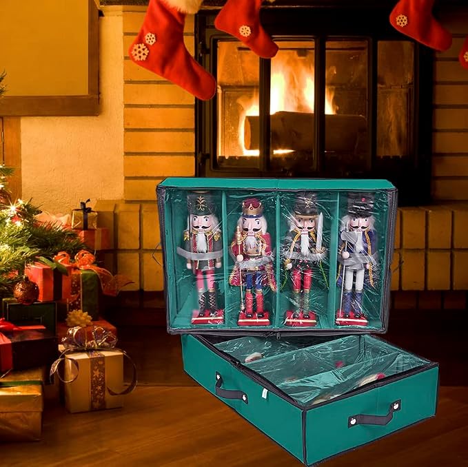 2 Pack Christmas Figures Storage Box | Each Holds 4 Holiday Figurines up to 16” | Adjustable Nutcracker Decor Ornament Storage Container | Xmas Decorations Accessories Boxes (Green)