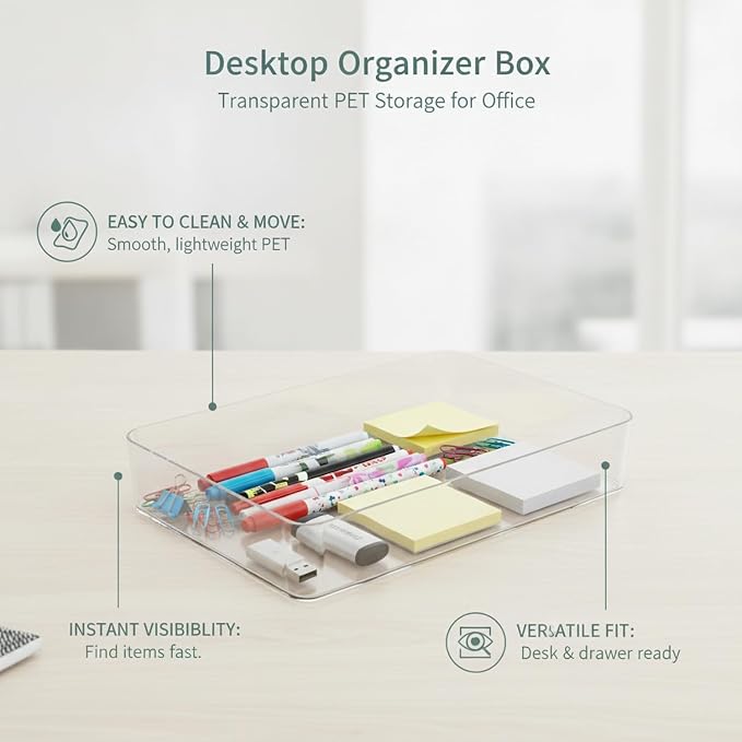 Durable PET Plastic Desktop Organizer, Transparent Storage Bin for Office Desk and Drawer Organization