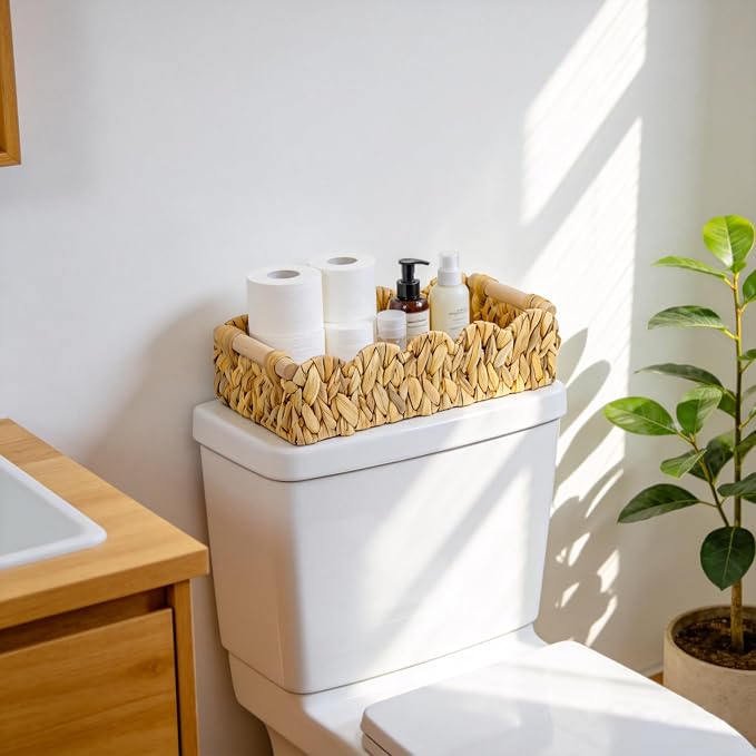 Decorative Toilet Paper Storage Basket, Modern Farmhouse Home Decor Scalloped Basket for Organizing, Pantry Baskets for Shelves, Countertop, Living Room, Wood Handles, Natural Water Hyacinth (2pack）
