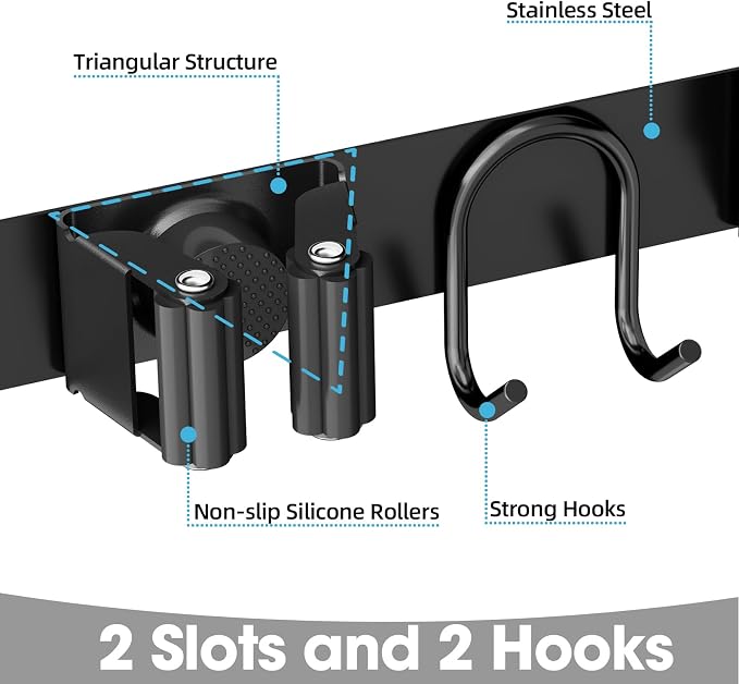 Broom Holder Wall Mount, Stainless Steel Mop and Broom Organizer, Broom Hanger with 2 Slots 2 Hooks for Home Kitchen, Garage, Garden and Laundry Room, Black