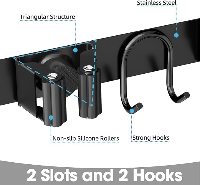 Broom Holder Wall Mount, 2-Pack Stainless Steel Mop and Broom Organizer, Broom Hanger with 2 Slots 2 Hooks for Home Kitchen, Garage, Garden and Laundry Room, Black
