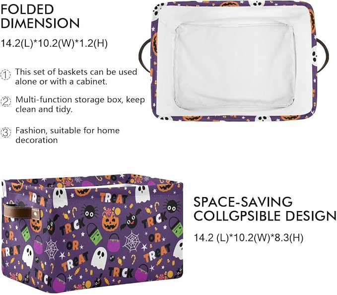 Happy Halloween Purple Storage Basket Fabric Kitchen Baskets Pumpkin Skull Ghost Bat Trick or Treat Open Home Storage Bins Boxes Foldable for Candy Toy Decorations Baskets 2 Pack 16×12×8 Inches