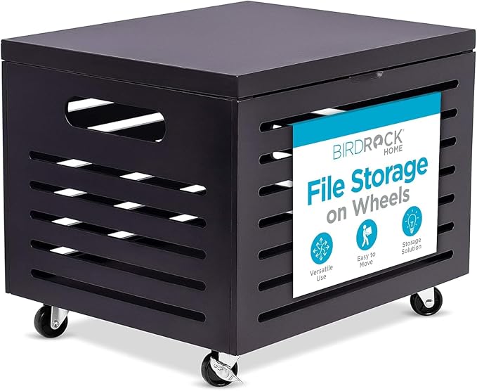BIRDROCK HOME Bamboo Rolling File Storage Organizer Box with Lid - Decorative File Cabinet on Wheels, Portable File Box on Wheels, Mobile Filing Solution - Café Noir