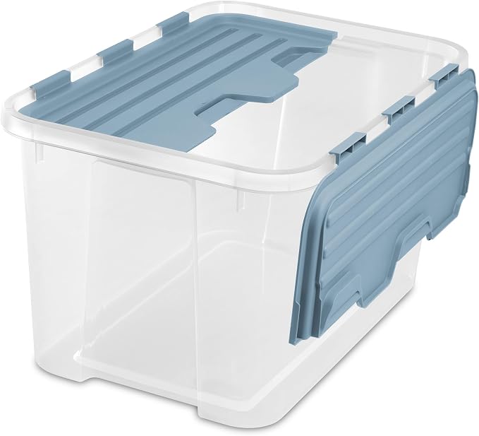 SteriliteHinged Lid Storage Box Plastic Container, 60 Quart, 12 Pack | Washed Blue - Home Organizer Tote for Storing Shoes, Crafts, Clothing, or Decor