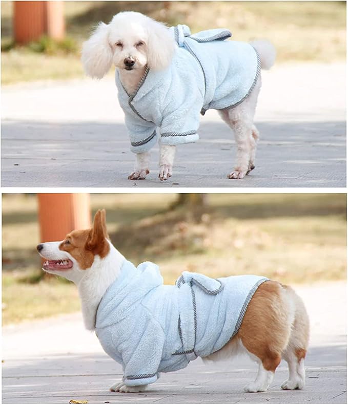 Dog Bathrobe, Microfiber Fast Drying Absorbent Hooded Bath Towel White for Puppy Small Medium Large Dog Cat (M, LightCyan)