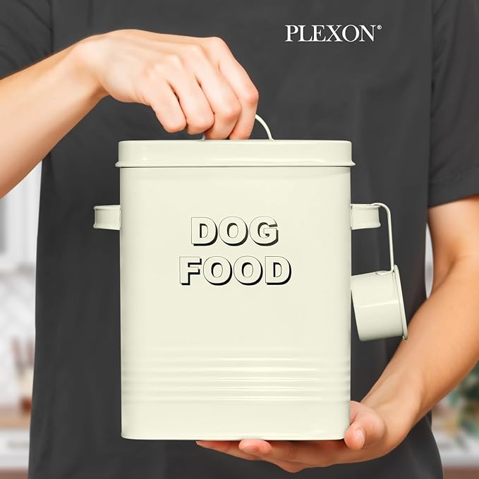 Plexon Metal Dog Food Storage Container with Scoop - Small Dog Food Container Holder Treat Jar Bin with Lid - Pet Chow Storage Canister Tin, 1.5 Gallon, 7 lbs, Off-White