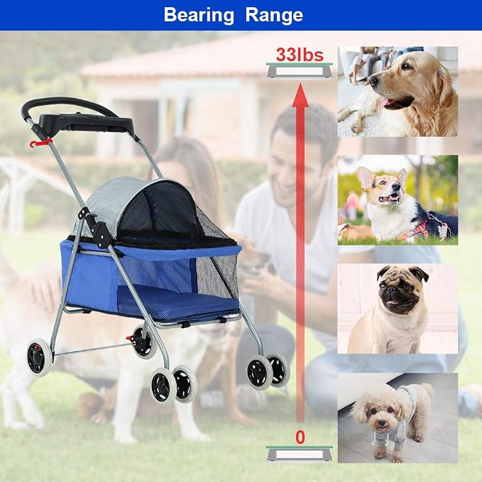 BestPet Foldable Pet Stroller for Small/Medium Dogs and Cats Up to 33 lbs | 4-Wheel Stroller Pet Strolling Cart w/ Breathable Mesh, Lockable Rear Wheels, Cup Holder/Tray & Storage Box, Blue