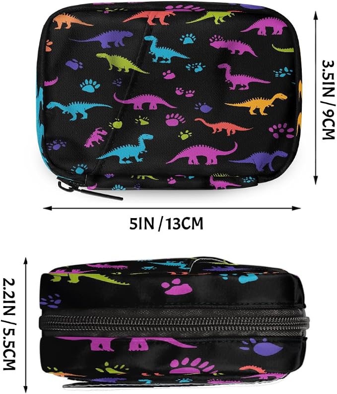 Weekly Pill Organizer Travel Size Bag with Removable 7 Day Pill Box Portable Vitamin Case Purse with Zipper,Colorful Dinosaurs Black Pattern
