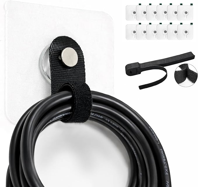 Cable Organizer - Keep Cord Bundles Out of the Way and Easy to Access | 12 Strong Adhesive Hooks + 12 Adjustable Hook-and-Loop Straps, Clear Mounts & No-Drill Setup