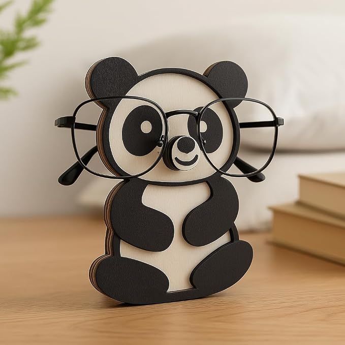 Panda Eyeglass Holder Stand, Wooden Glasses Organizer for Desk Decor | Cute animal glasses holder for eyeglasses and sunglasses, wooden panda desk organizer for nightstand, office or gifting