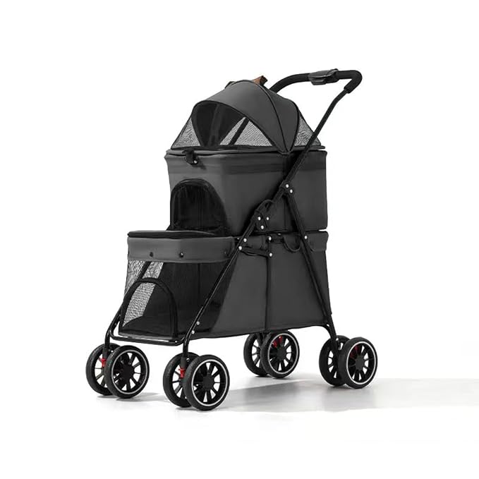 YYW Double Pet Stroller Foldable 2 Carriages Lockable Wheels Black | Travel Strolling Cart, Top Detachable Carrier, Ideal for Multi-Pet Families, Small Dogs & Cats, Outdoor Walks & Vet Visit