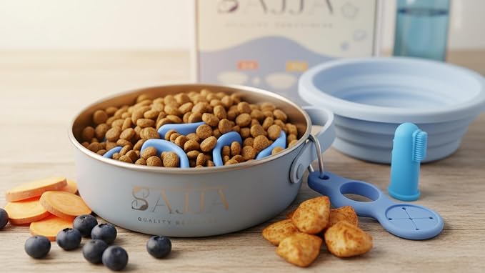 Blue Slow Feeder Travel Dog Bowl Set – 30oz Stainless Steel + 20oz Collapsible Silicone Dish + Silicone Slow Feeder Insert | Water Bottle Holder | Non-Slip, Anti-Choking, BPA-Free – Claim
