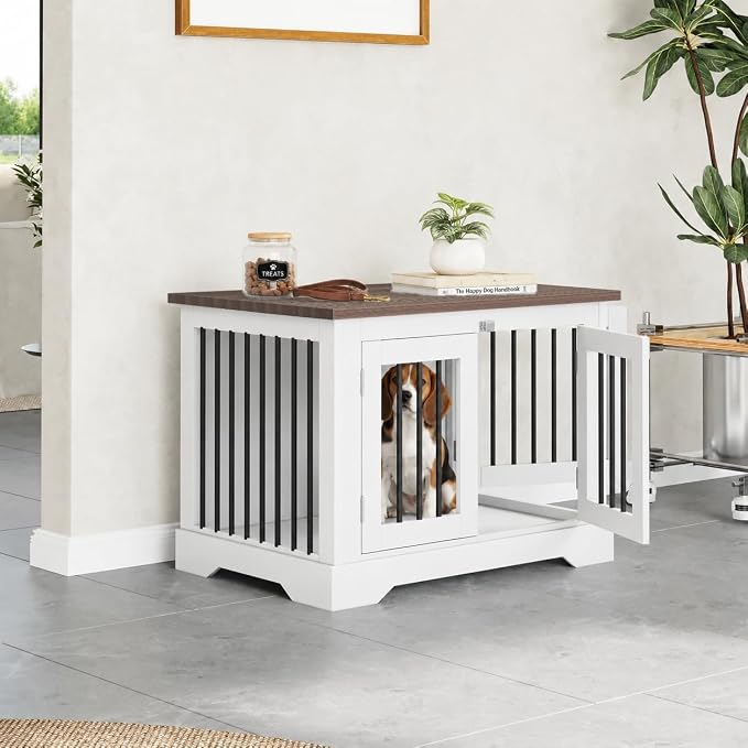 30" Wooden Dog Crate Furniture,Small Kennel Pet Cage End Table for Indoor | for Medium S XS Dogs, White and Wood, Fits Living Room Bedroom, Heavy Duty Steel Frame with Lock 25 lbs Cap, 100 lbs Top.