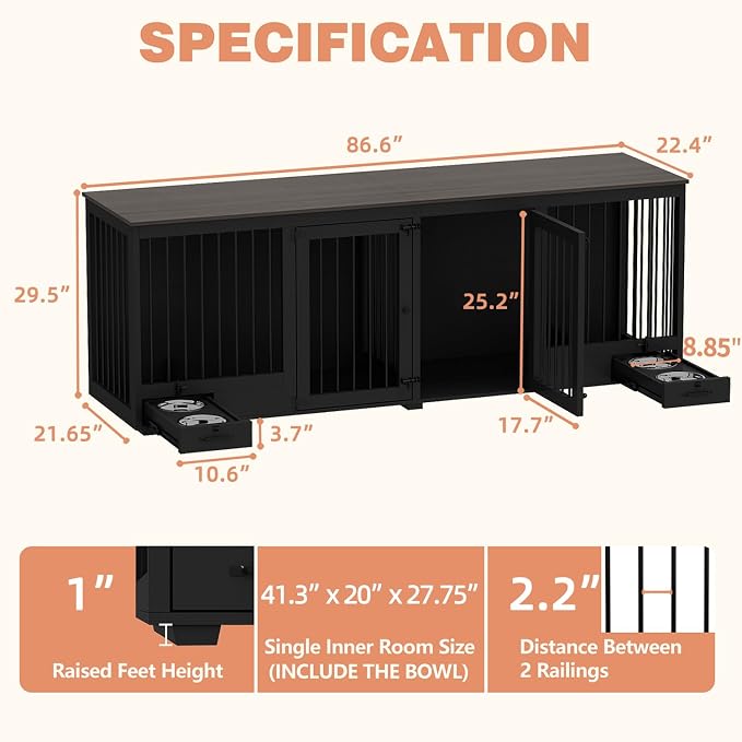 86.6" Large Furniture Style Dog Crate for 2 Dogs, Black | Heavy Duty Wooden Dog Kennel with Dog Bowl Drawers & Divider, Indoor Dog kennel House TV Stand for Large Medium Dogs