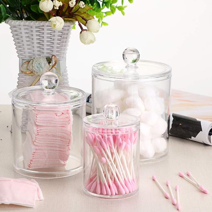 Hipiwe Set of 3 Cotton Ball and Swab Organizer Acrylic Q-Tips Jar with Lid | Clear Apothecary Jar Makeup Organizer Holder, Bathroom Vanity Storage Canister for Cotton Rounds and Pads