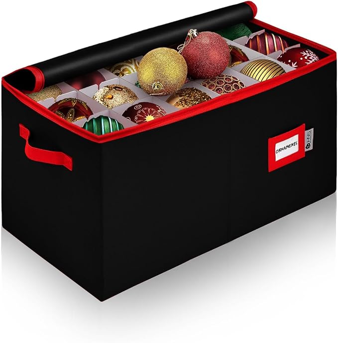 Christmas Ornament Storage Container with Dividers - Box Stores Up to 54 Ornaments, Zippered, Convenient, Adjustable, Large Organizer Bin to Protect Holiday Décor, Fits Most Standard Size, Black