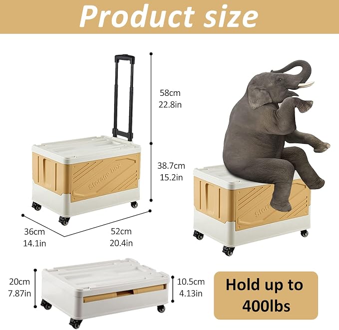 XCBYT 50L Foldable Rolling Crate, Storage Cart with Wheels, Light Yellow | Spacious 50L capacity offers lots of room for groceries, tools or moving. Easy to assemble and folds flat for quick storage