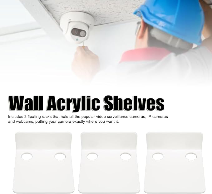TOPINCN 3 PCS Small Security Cameras Wall Shelf, Wall Mounted Camera Tray, Floating Shelf Set, Wall Bracket with 6 Cable Clips & 10PCS Adhesive Tapes for Monitors Speakers (White)